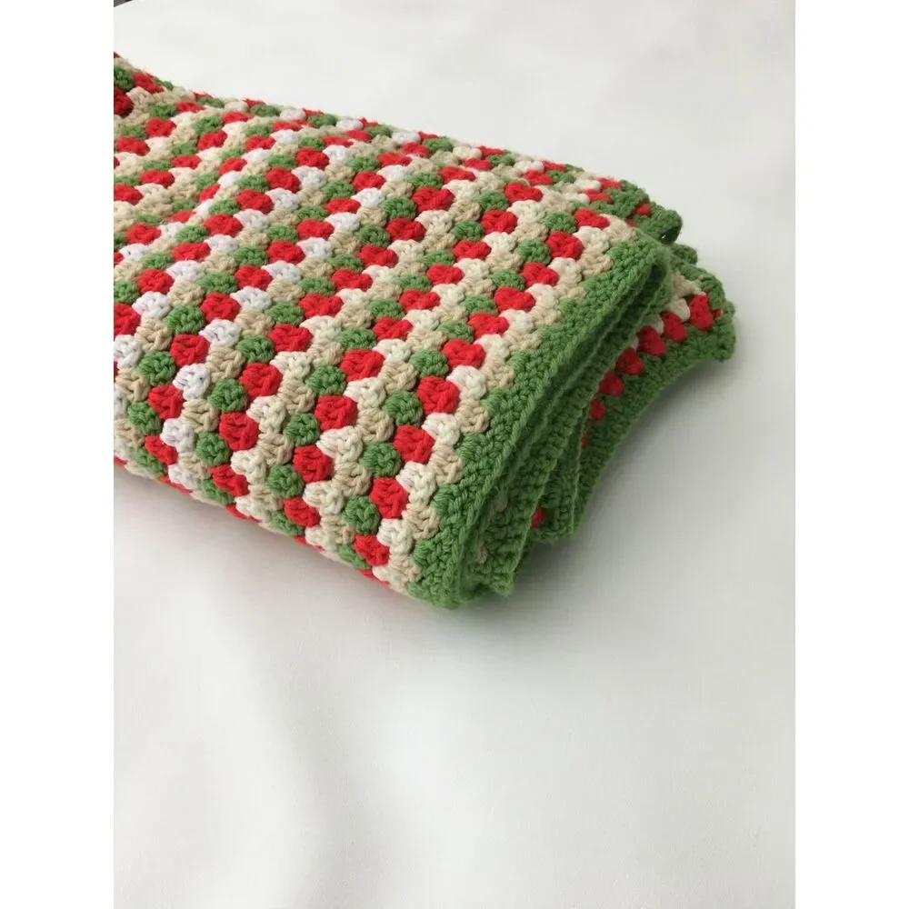 Handmade Crochet Christmas Afghan Blanket Red Green Cream Long Throw 41